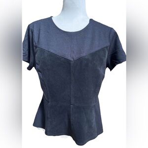 BCBG MaxAzria Denna Suede Fitted Black Peplum Top Women’s Size Large